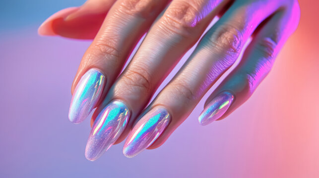 iridescent metallic nail art on long pointed nails