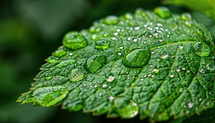 glistening raindrops on lush leaf macro nature background digital photograph