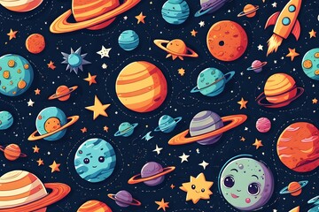 A colorful space scene with planets and stars, including a rocket