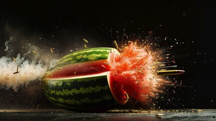 A high-speed capture of a watermelon being explosively split in half, showcasing dynamic shards and pulpy fragments flying outward.
