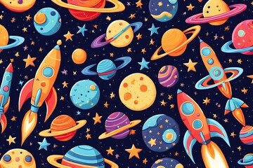 Naklejka premium A colorful space scene with planets and stars, and a rocket in the middle