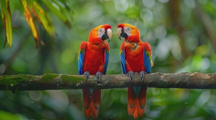 Two parrots are perched on a branch in a lush green forest