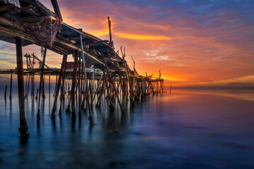 Fishing piers made of wood on the Marmara Sea coast of Tekirdağ