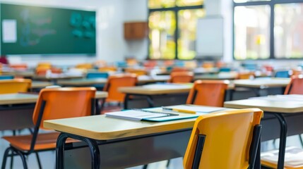 A classroom filled with colorful chairs and tables, emphasizing a wide-angle view Include ample copy space for Back To School theme
