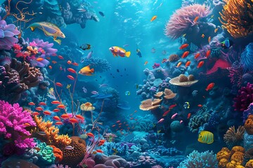 A vibrant coral reef teeming with colorful fish and marine life.