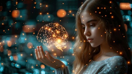 Human hand holding a neural network brain of AI on learning analysis information and processing big data on circuit board background, Innovation, Futuristic concept