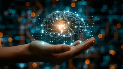 Human hand holding a neural network brain of AI on learning analysis information and processing big data on circuit board background, Innovation, Futuristic concept