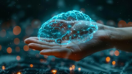 Hand touching brain of AI, Symbolic, Machine learning, artificial intelligence of futuristic technology