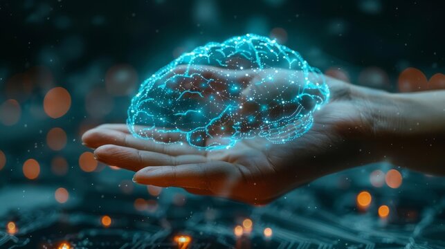 Hand touching brain of AI, Symbolic, Machine learning, artificial intelligence of futuristic technology