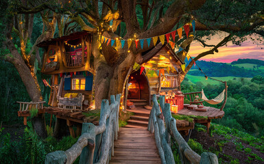 Fototapeta premium Whimsical treehouse nestled in a large tree, adorned with colorful string lights and bunting, featuring wooden walkways and cozy interiors.