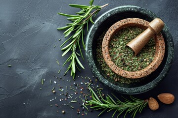 overhead shot of mortar and pestle with dried rosemary leaves in a bowl on dark backdrop, representing homeopathy and health