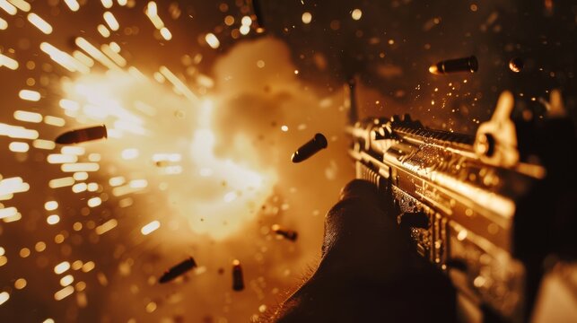 A dramatic close-up of a gun firing, with bullets and sparks flying, captured in intense action and dynamic lighting.
