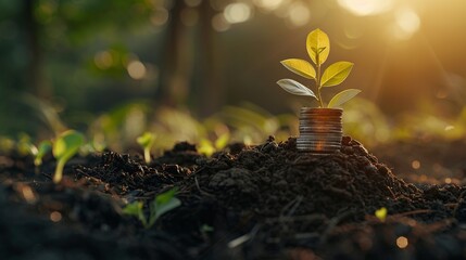 Concept of financial growth and coins stacking on soil with a green plant in the sunlight background