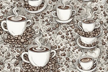 Obraz premium A coffee cup with steam rising from it is surrounded by coffee beans