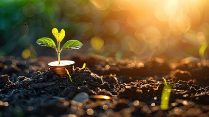 Concept of financial growth and coins stacking on soil with a green plant in the sunlight background