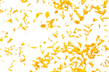 Yellow Marigold petals falling romantic white background isolated with yellow marigold flower petals flying. Religious floral spring season, ritual invitation yellow marigold petals in mid air