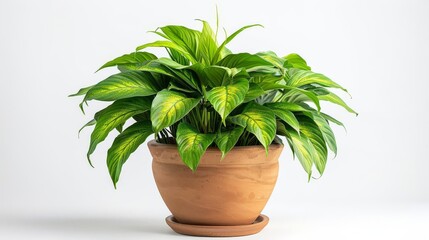 Photo of Peace Plant - Spathiphyllum spp. in a modern pot position center isolate on white background, clear focus, soft lighting