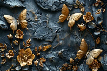 Golden butterflies and flowers on textured black plaster background.