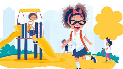 Design an aerial view of a playground at school, showcasing a cute little kid playing merrily Incorporate enough blank space for Back To School messages to resonate effectively