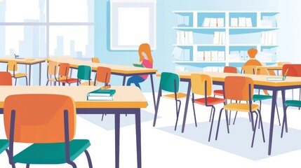 Design a visually striking Back To School scene with neatly arranged chairs and tables, creating a vast, wide-angle perspective