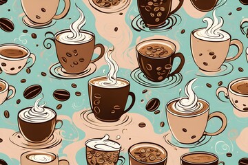 A coffee cup with a white swirl on it is shown in a pattern of other coffee cups