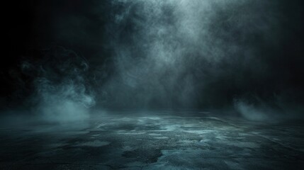 Abstract image of dark room concrete floor. Black space or stage backdrop for product placement. White turbidity, fog or light blue mist moving on black background - Generetive Ai
