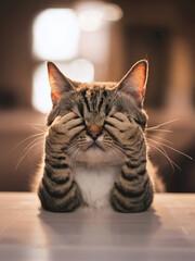 Cute tabby cat sits on table, paws covering eyes, playful gesture emphasized by softly blurred background.