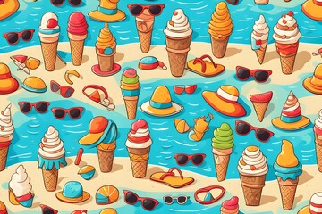 A beach scene with many ice cream cones and hats