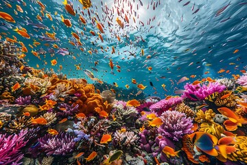 A vibrant coral reef teeming with colorful fish at sunrise.