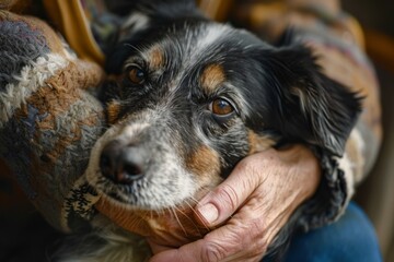 Person holding a dog, displaying a strong bond with their pet