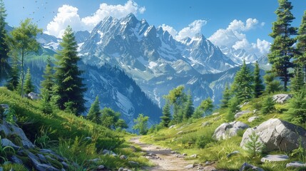 Fototapeta premium nature walks, walk along the winding trail through tall pines, with chirping birds and fresh mountain air, a perfect summer day in the mountains