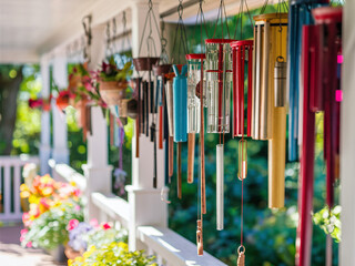 Close-up of colorful wind chimes on porch with potted plants and flowers in background.