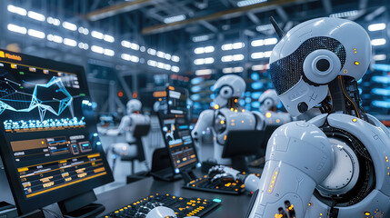 Fototapeta premium Robots working in futuristic AI control center with computers