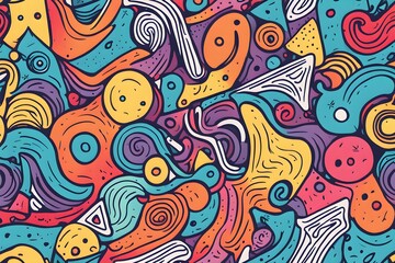 A colorful, abstract painting with a lot of different shapes and colors