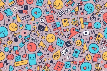 A colorful background with many different shapes and faces