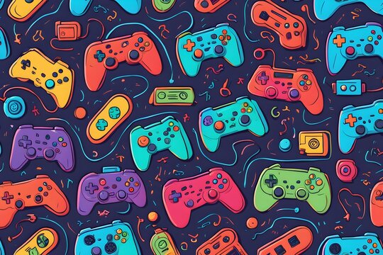 A colorful pattern of video game controllers is displayed on a dark background