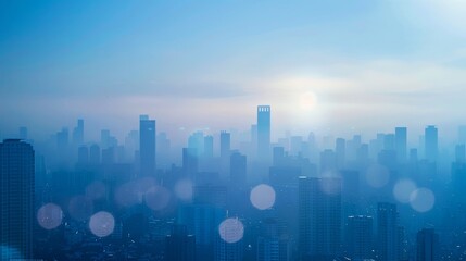 A panorama of a city skyline with air quality monitoring stations that utilize AI to provide realtime data to city officials for decision making.