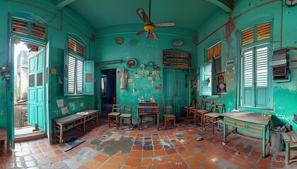 Fototapeta premium A vintage interior with teal walls, wooden furniture, and a ceiling fan.