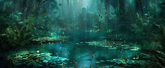 Abstract Jungle With Bioluminescent, Glowing Plants, Background