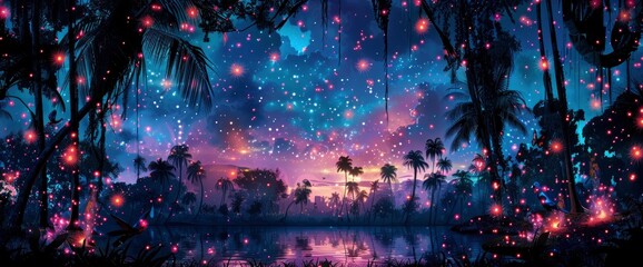 Abstract Jungle With Bioluminescent, Vibrant Flora And Trees, Background