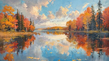 Naklejka premium autumn lake painting, original artwork of autumn landscape by the lake, showcasing vibrant colors and peaceful water reflections, created using oil paints