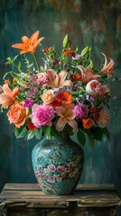 Elegant floral arrangement with vibrant roses, lilies, and peonies in a vintage vase, set against a rustic wooden table