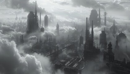 Expansive industrial landscape with towering smokestacks, vast factory complexes, and intricate networks of pipes under a cloudy sky