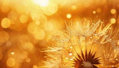 macro shot of delicate dandelion seed with glistening water droplets golden sunlight creating dreamy bokeh