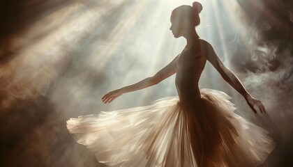 Fototapeta premium Graceful ballet dancer performing an elegant arabesque on a grand stage, illuminated by soft spotlight, with a delicate tulle tutu flowing