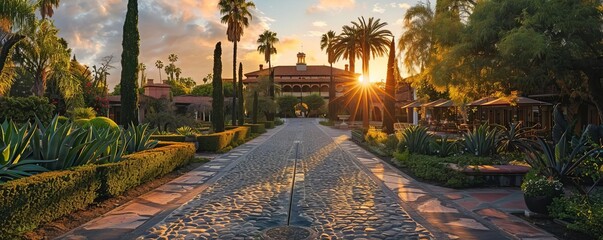 Iconic historic landmark at sunset, with intricate details and rich history, surrounded by lush gardens and cobblestone paths