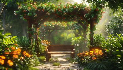 Idyllic lush garden with a variety of plants and flowers, a wooden bench under a flowering arbor, and soft sunlight filtering through the leaves