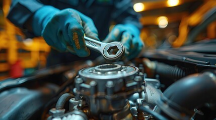 Fototapeta premium Car Mechanic Fixes Car Close Up