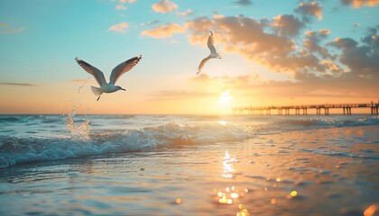 Fototapeta premium Idyllic sunrise beach with tranquil waters, seagulls in flight, and a wooden pier extending into the horizon, bathed in soft morning light
