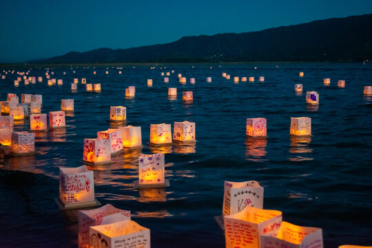 Lanterns floating on a lake